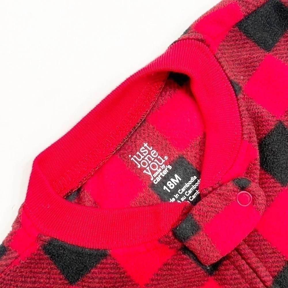 Carter's red/black plaid print Christmas reindeer fleece zip up sleeper footie